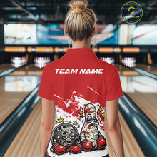 Load image into Gallery viewer, Back view of a female bowler in a red and white quarter-zip shirt, cartoon boxing bowling ball and pin artwork highlighted on back design.