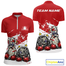 Load image into Gallery viewer, Front and back view of a women’s quarter-zip bowling shirt mockup in red and white, featuring boxing-style bowling ball and pin graphics.