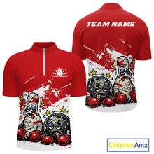 Load image into Gallery viewer, Front and back view of a men’s quarter-zip bowling shirt mockup in red and white, featuring boxing-style bowling ball and pin illustration.