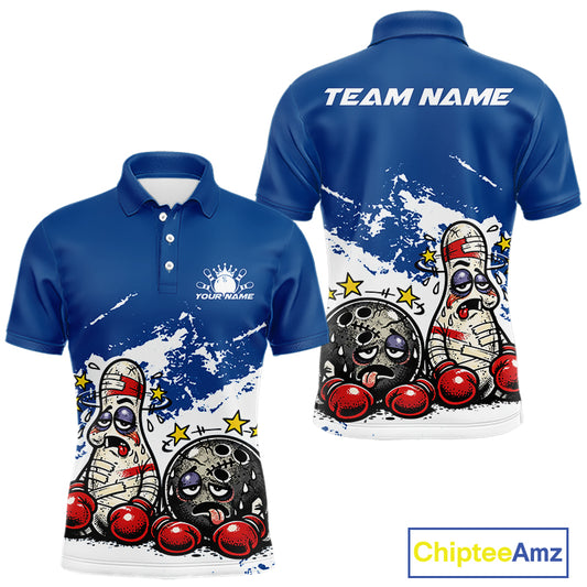 Front and back view of a men’s polo shirt mockup in blue and white, featuring cartoon boxing-style bowling ball and pin illustration in playful sports design.