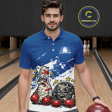 Load image into Gallery viewer, Male model in a bowling lane wearing a blue and white polo shirt, humorous boxing bowling ball and pin artwork with energetic cartoon fight-style visuals.