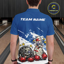 Load image into Gallery viewer, Back view of a male bowler wearing a blue and white polo shirt, boxing-style bowling strike illustration with playful beaten-up character concept.