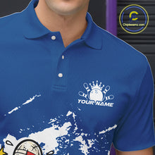 Load image into Gallery viewer, Close-up view of left chest area of a blue and white polo shirt, showing small detailed boxing bowling ball and pin graphic.