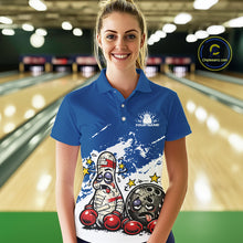 Load image into Gallery viewer, Female model in a bowling lane wearing a blue and white polo shirt, playful boxing bowling strike design with energetic sports feel.