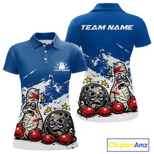 Load image into Gallery viewer, Front and back view of a women’s polo shirt mockup in blue and white, featuring boxing bowling ball and pin cartoon illustration.
