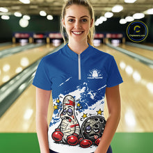 Load image into Gallery viewer, Female model at a bowling lane wearing a blue and white quarter-zip shirt, cartoon boxing bowling ball and pin artwork with energetic feel.