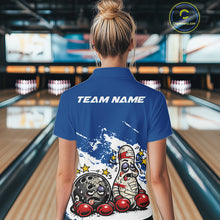 Load image into Gallery viewer, Back view of a female bowler in a blue and white quarter-zip shirt, humorous boxing-themed bowling ball and pin design displayed clearly.