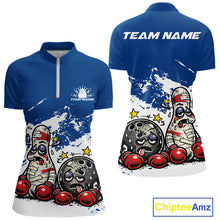 Load image into Gallery viewer, Front and back view of a women’s quarter-zip bowling shirt mockup in blue and white, featuring boxing-style bowling ball and pin illustration.
