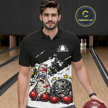 Load image into Gallery viewer, In a bowling lane, male model wearing a black and white polo shirt, cartoon boxing-style bowling ball and pin illustrated as beaten-up fighters in playful sports artwork.