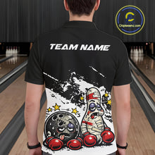 Load image into Gallery viewer, Back view of a male bowler wearing a black and white polo shirt, boxing-style bowling ball and pin design with humorous beaten-up character illustration.