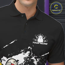 Load image into Gallery viewer, Close-up view of left chest area of a black and white polo shirt, showing small boxing bowling ball and pin graphic detail.
