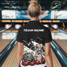Load image into Gallery viewer, Back view of a female bowler wearing a black and white polo shirt, humorous boxing bowling ball and pin illustration with clean graphic style.