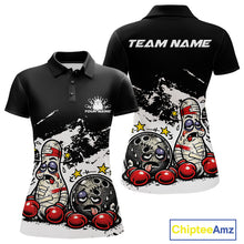Load image into Gallery viewer, Front and back view of a women’s polo shirt mockup in black and white, featuring boxing-style bowling ball and pin illustration.