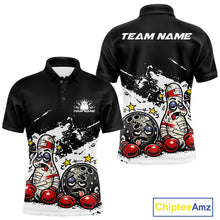 Load image into Gallery viewer, Front and back view of a men’s polo shirt mockup in black and white, featuring cartoon boxing-style bowling ball and pin illustration.