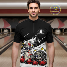 Load image into Gallery viewer, Male model at a bowling lane wearing a black and white quarter-zip shirt, humorous boxing bowling ball and pin artwork with bold contrast.