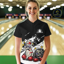 Load image into Gallery viewer, Female model in a bowling lane wearing a black and white quarter-zip shirt, cartoon boxing bowling ball and pin design with bold contrast.