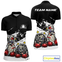 Load image into Gallery viewer, Front and back view of a women’s quarter-zip bowling shirt mockup in black and white, featuring humorous boxing-style bowling ball and pin graphics.
