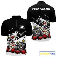 Load image into Gallery viewer, Front and back view of a men’s quarter-zip bowling shirt mockup in black and white, featuring boxing-style bowling ball and pin illustration.