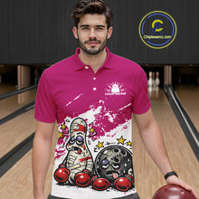 Load image into Gallery viewer, Male model in a bowling lane wearing a pink and white polo shirt, playful boxing bowling strike artwork with energetic sports vibe.