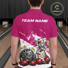 Load image into Gallery viewer, Back view of a male bowler wearing a pink and white polo shirt, boxing-style bowling ball and pin illustration with cartoon fight concept.