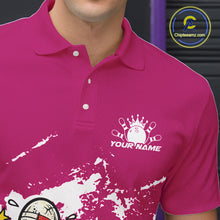 Load image into Gallery viewer, Close-up view of left chest area of a pink and white polo shirt, showing small boxing bowling ball and pin graphic detail.