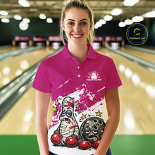 Load image into Gallery viewer, Female model in a bowling lane wearing a pink and white polo shirt, humorous boxing bowling strike artwork with playful vibe.