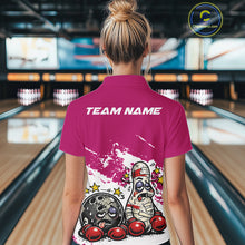 Load image into Gallery viewer, Back view of a female bowler wearing a pink and white polo shirt, cartoon boxing bowling ball and pin illustration with dynamic style.