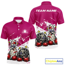 Load image into Gallery viewer, Front and back view of a men’s polo shirt mockup in pink and white, featuring boxing-style bowling ball and pin cartoon illustration.