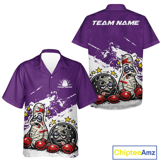 Front and back view of a button-up bowling shirt mockup in purple and white, featuring cartoon boxing bowling ball and pin playful illustration.