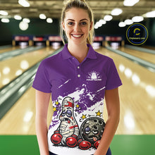 Load image into Gallery viewer, Female model at a bowling lane wearing a purple and white polo shirt, playful boxing bowling strike illustration with energetic style.