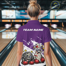 Load image into Gallery viewer, Back view of a female bowler wearing a purple and white polo shirt, boxing-style bowling ball and pin graphic with fun design.