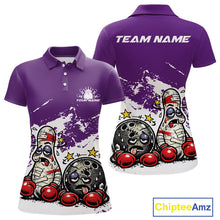 Load image into Gallery viewer, Front and back view of a women’s polo shirt mockup in purple and white, featuring cartoon boxing bowling ball and pin artwork.