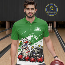 Load image into Gallery viewer, Male model in a bowling lane wearing a green and white polo shirt, humorous boxing bowling ball and pin artwork with playful fight-style design.