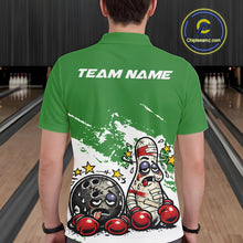 Load image into Gallery viewer, Back view of a male bowler wearing a green and white polo shirt, boxing-style bowling ball and pin illustration with beaten-up cartoon concept.