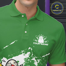 Load image into Gallery viewer, Close-up view of left chest area of a green and white polo shirt, showing small boxing-style bowling ball and pin graphic detail.