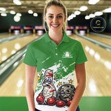 Load image into Gallery viewer, Female model in a bowling lane wearing a green and white polo shirt, cartoon boxing bowling ball and pin artwork with playful tone.