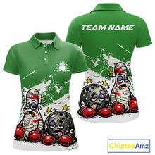 Load image into Gallery viewer, Front and back view of a women’s polo shirt mockup in green and white, featuring funny boxing-style bowling ball and pin illustration.