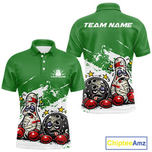 Load image into Gallery viewer, Front and back view of a men’s polo shirt mockup in green and white, featuring cartoon boxing-style bowling ball and pin illustrated as beaten-up boxers.