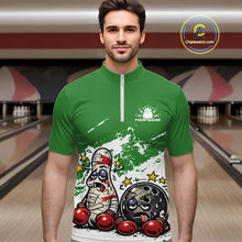 Load image into Gallery viewer, Male model at a bowling lane wearing a green and white quarter-zip shirt, humorous boxing bowling ball and pin artwork with playful energy.