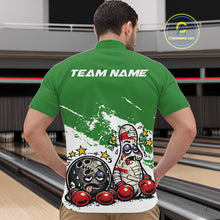 Load image into Gallery viewer, Male model in a bowling lane wearing a green and white quarter-zip shirt, cartoon boxing-style bowling strike scene with comedic design.