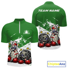 Load image into Gallery viewer, Front and back view of a men’s quarter-zip bowling shirt mockup in green and white, featuring funny cartoon boxing-style bowling ball and pin illustration.