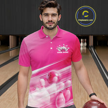 Load image into Gallery viewer, Front view male model at the bowling lane wearing a pink bowling polo shirt with bowling ball and pins in a geometric pattern.
