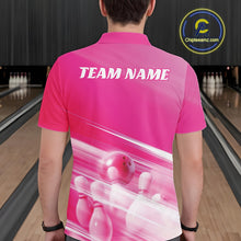 Load image into Gallery viewer, Male model back view in a bowling lane wearing a pink bowling polo shirt with bowling ball and pins geometric pattern graphics.
