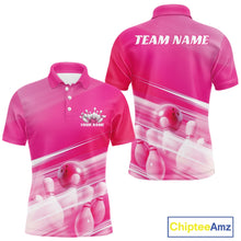 Load image into Gallery viewer, Front and back pink men’s bowling polo shirt mockup with bowling ball and pins graphics over a pink geometric pattern background.