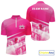 Load image into Gallery viewer, Front and back pink men’s bowling quarter zip shirt mockup featuring bowling ball and pins blended into a pink geometric background.