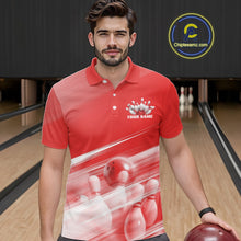 Load image into Gallery viewer, Front view of a male model in a bowling lane wearing a red bowling polo shirt with bowling ball and pins over a pink geometric background.