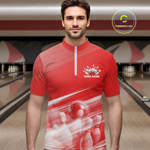 Load image into Gallery viewer, Male model front view in a bowling lane wearing a red bowling quarter zip shirt with bowling ball and pins geometric pattern.