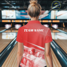 Load image into Gallery viewer, Back view of a female model in a bowling lane wearing a red quarter zip shirt with bowling ball and pins over a pink geometric background.