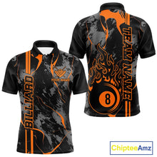 Load image into Gallery viewer, Men’s Billiard polo shirt mockup shown front and back with flaming billiard 8 ball artwork on a blue and green abstract background.