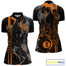Load image into Gallery viewer, Women’s Billiard quarter zip mockup shown front and back featuring a flaming billiard 8 ball motif over a blue and green abstract design.